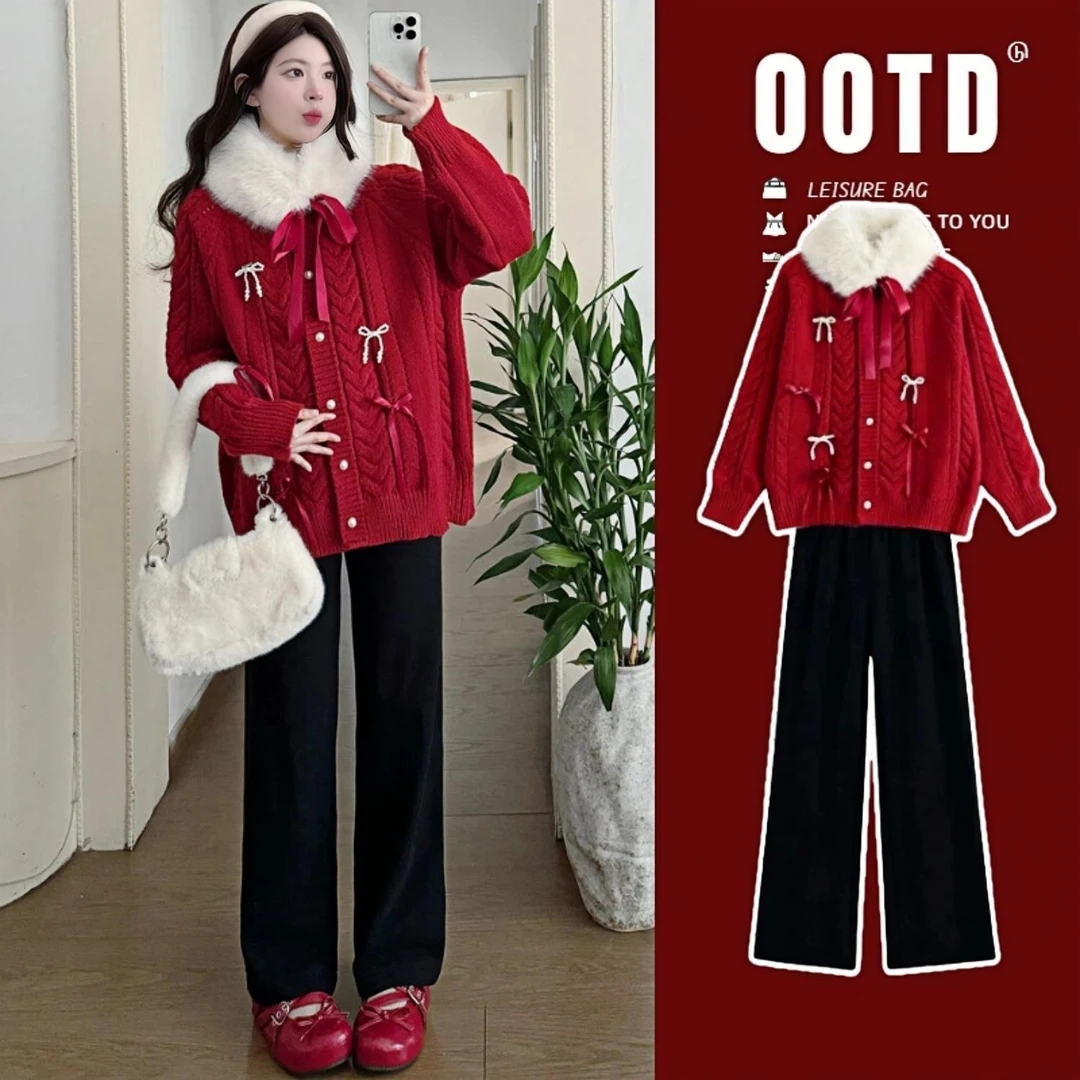 孕装「红色战袍」大毛领蝴蝶结孕妇针织毛衣外套套装秋冬季两件套