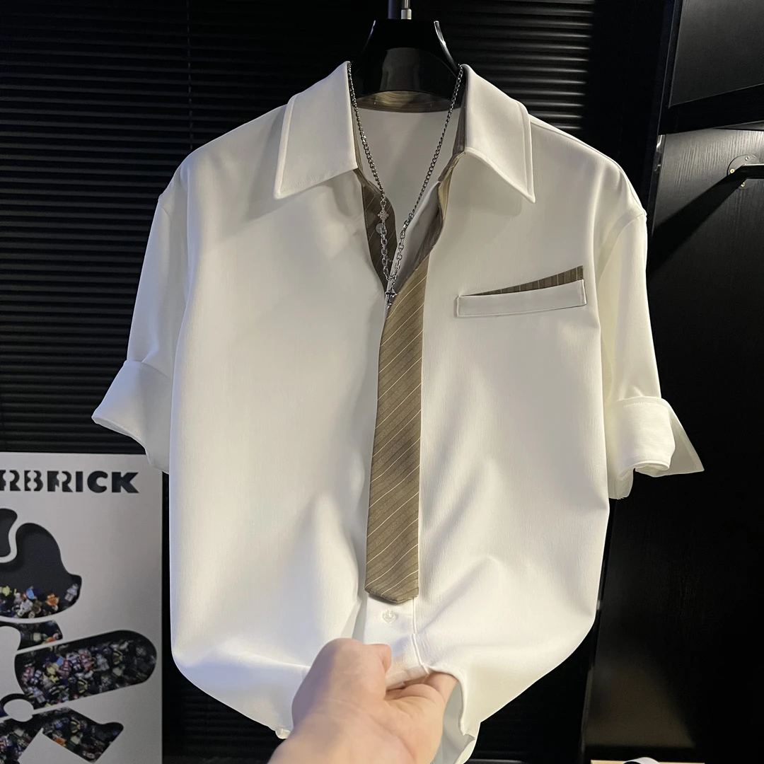 DB-短袖衬衫假领带男士夏季新款男装时尚气质高级感衬衣百搭潮流