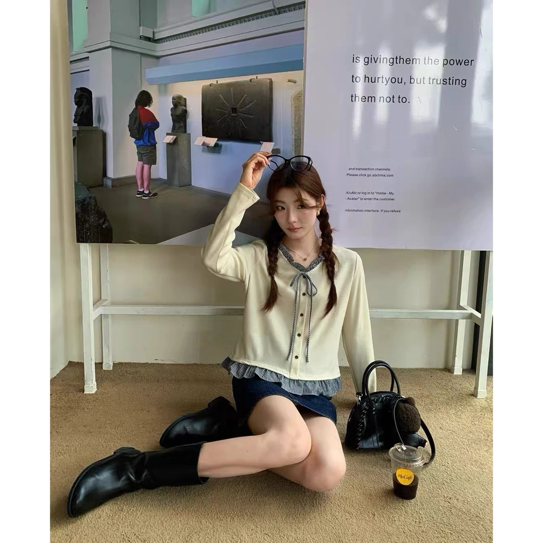 MEENI@1337 法式格子拼接设计百搭短款假两件上衣 9-26
