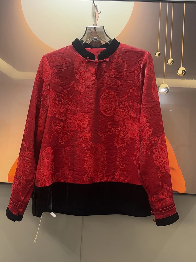 中国红【新年款】国风中式立领提花盘扣拼接上衣4993红色新中式