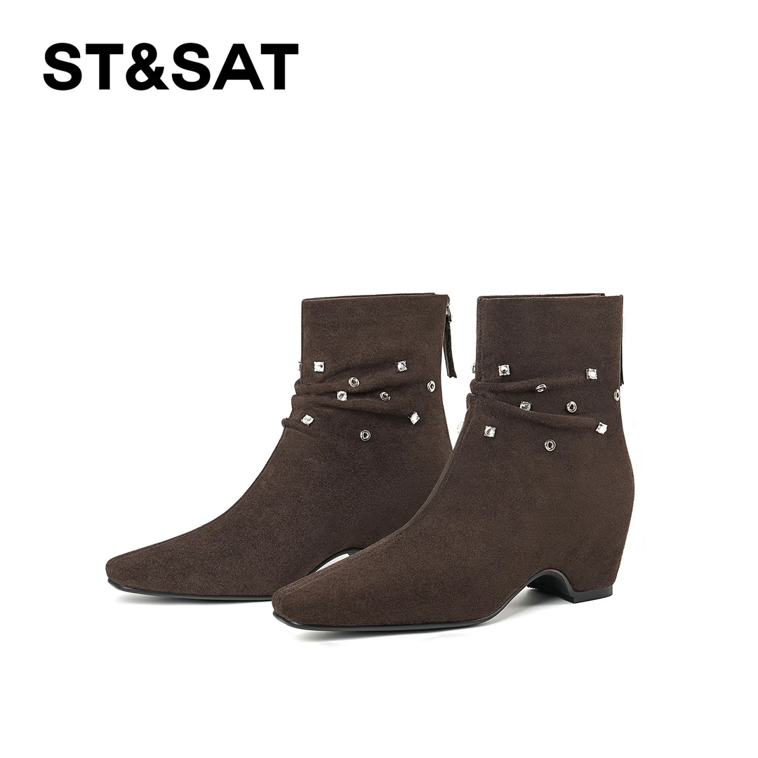 St&Sat/星期六时尚粗跟短靴秋冬气质瘦瘦靴方头百搭水钻女靴