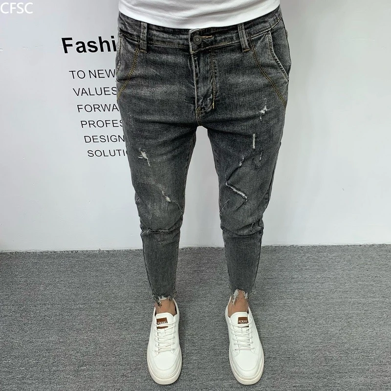 夏季薄款九分破洞牛仔裤男2025年新款潮牌高端烟灰色刮烂小脚裤子