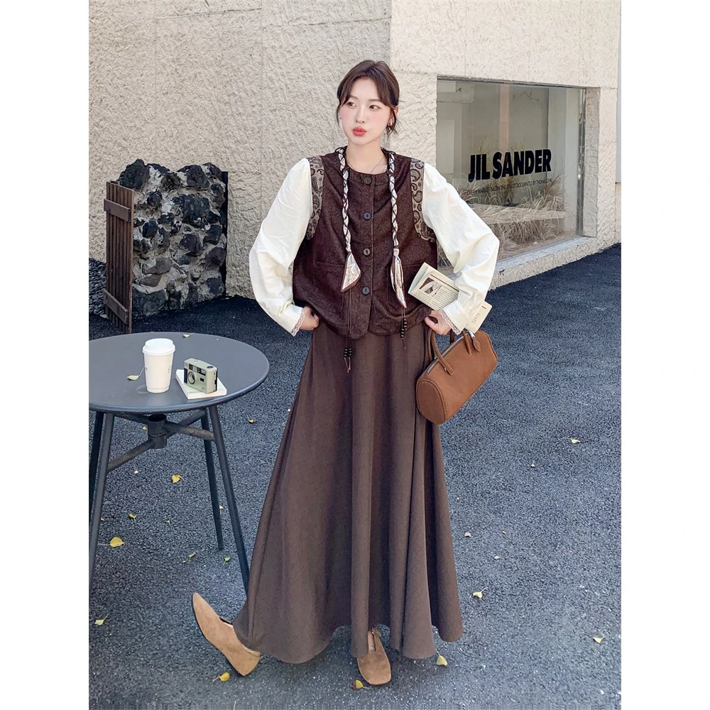 气质复古咖色马甲半身裙套装女春秋减龄ootd穿搭两件套爆款高级感