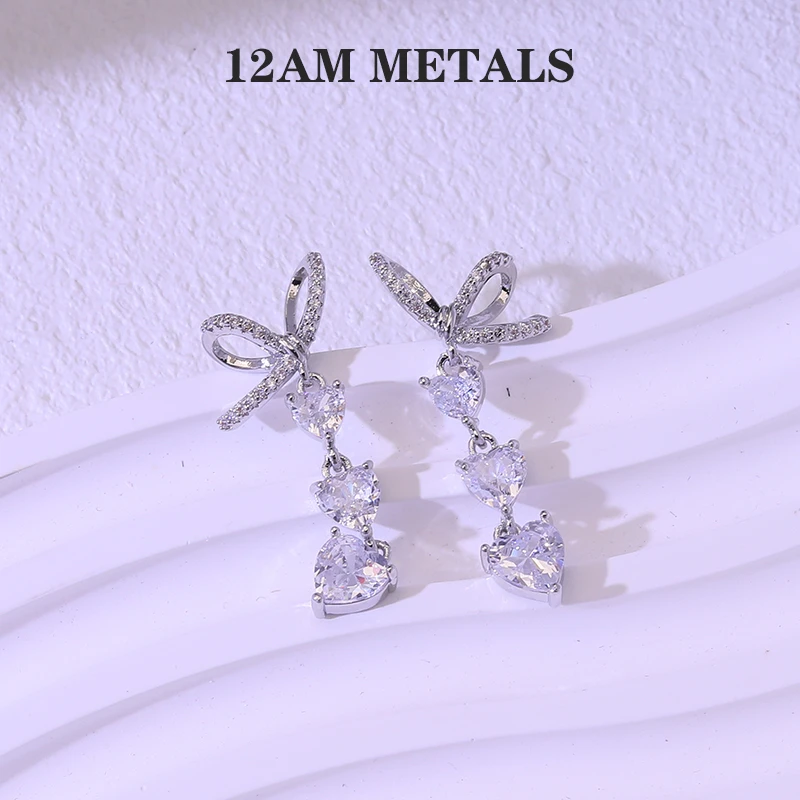 铜合金合成锆石耳饰 蝴蝶结爱心流苏小众设计轻奢优雅耳环QC685