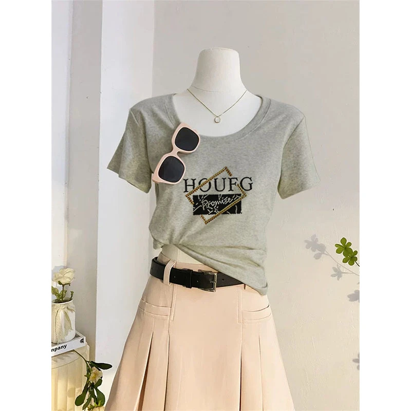 设计感小众正肩U领短袖t恤女褶皱收腰漏锁骨显瘦上衣2025春夏季潮