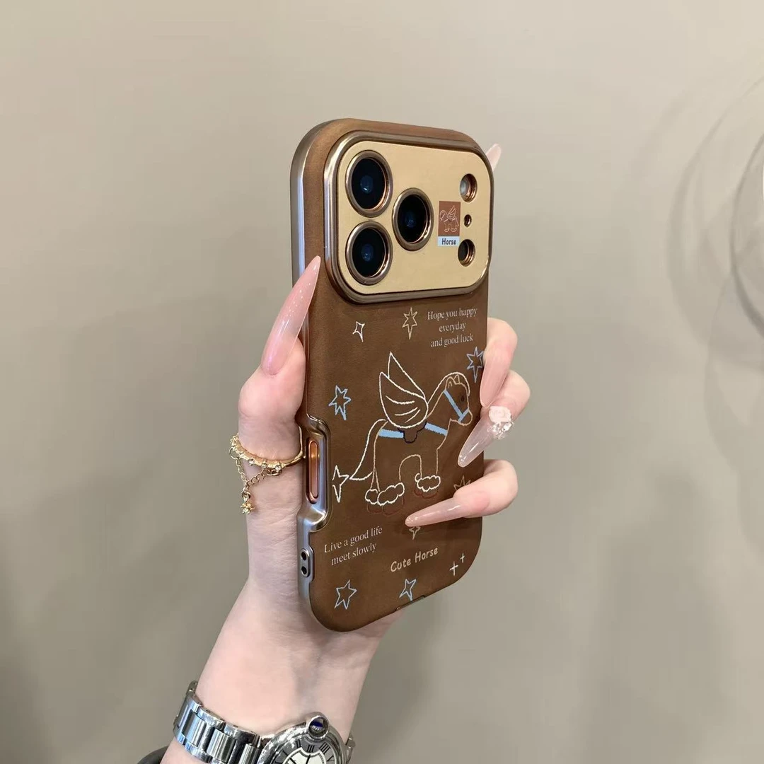 复古棕底线条飞马适用iPhone17手机壳苹果15/14pro电镀16贴皮插画