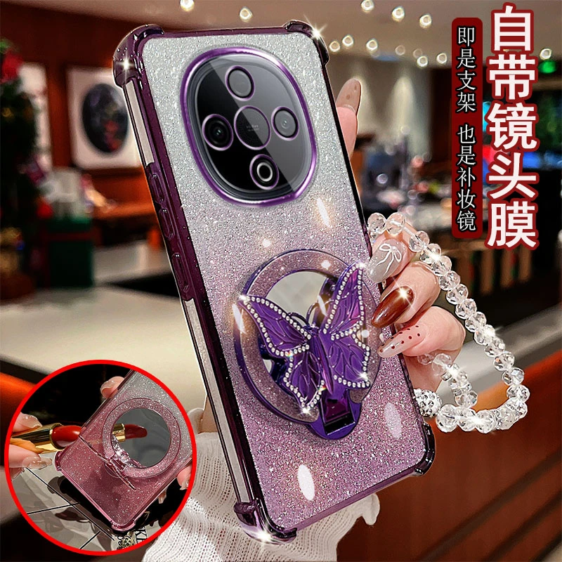 适用vivo y300手机壳镜头全包边防摔保护套镶钻蝴蝶支架镜子透明