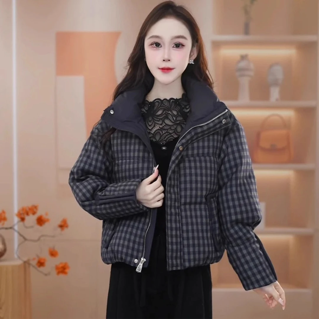 时尚格纹短款羽绒棉服女冬季新款洋气立领加厚保暖休闲棉衣外套潮