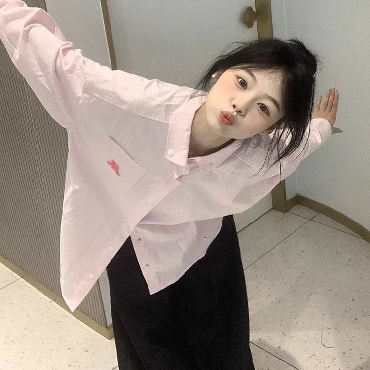 美式条纹衬衫女春季新款小狗刺绣粉色衬衣宽松防晒外套春长袖衬衫