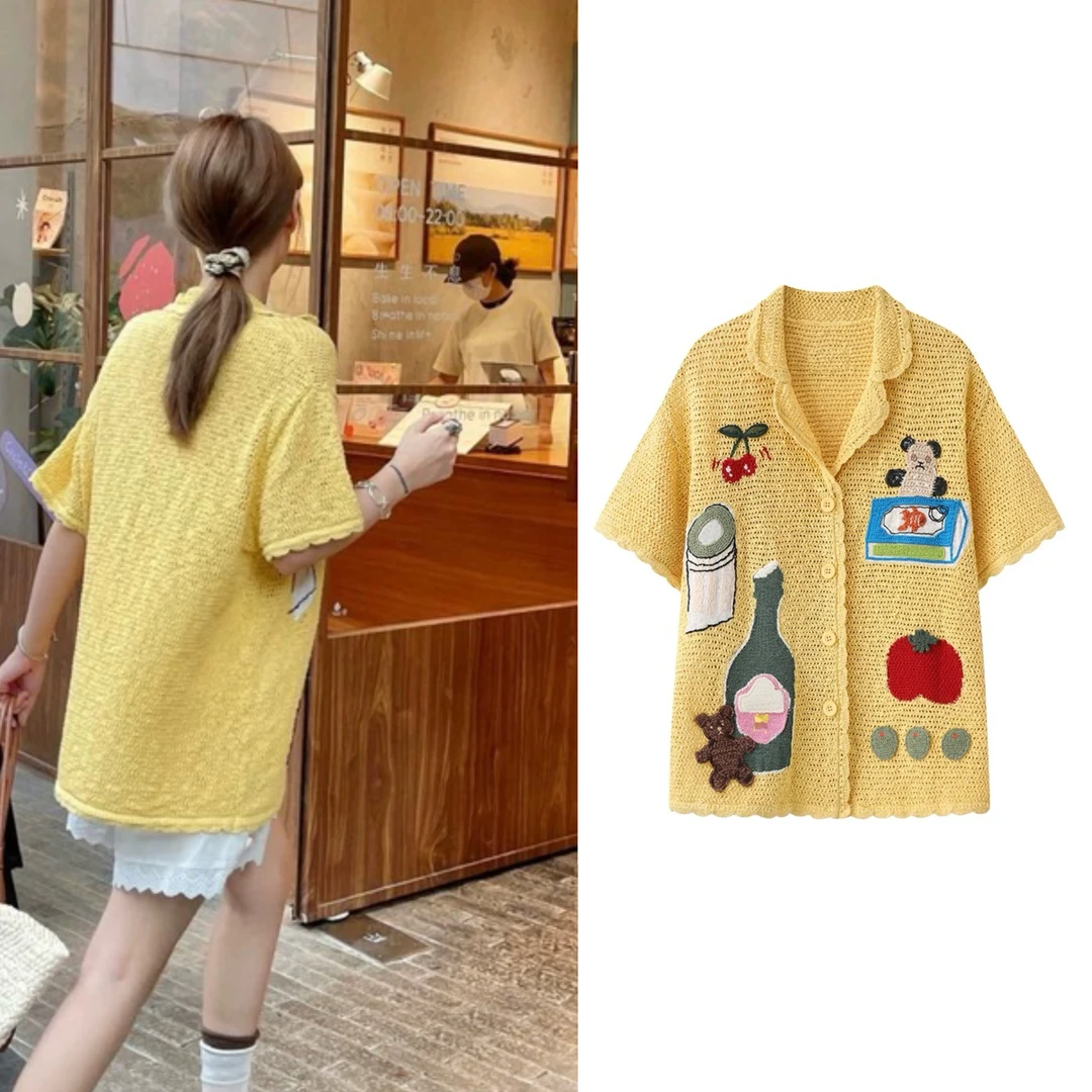 【Betterme定制】时尚趣味刺绣圆领宽松显瘦短袖针织衫休闲百搭上衣