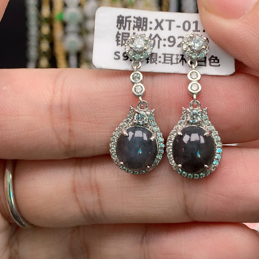 翡翠戒指银S925镶嵌天然翡翠耳饰