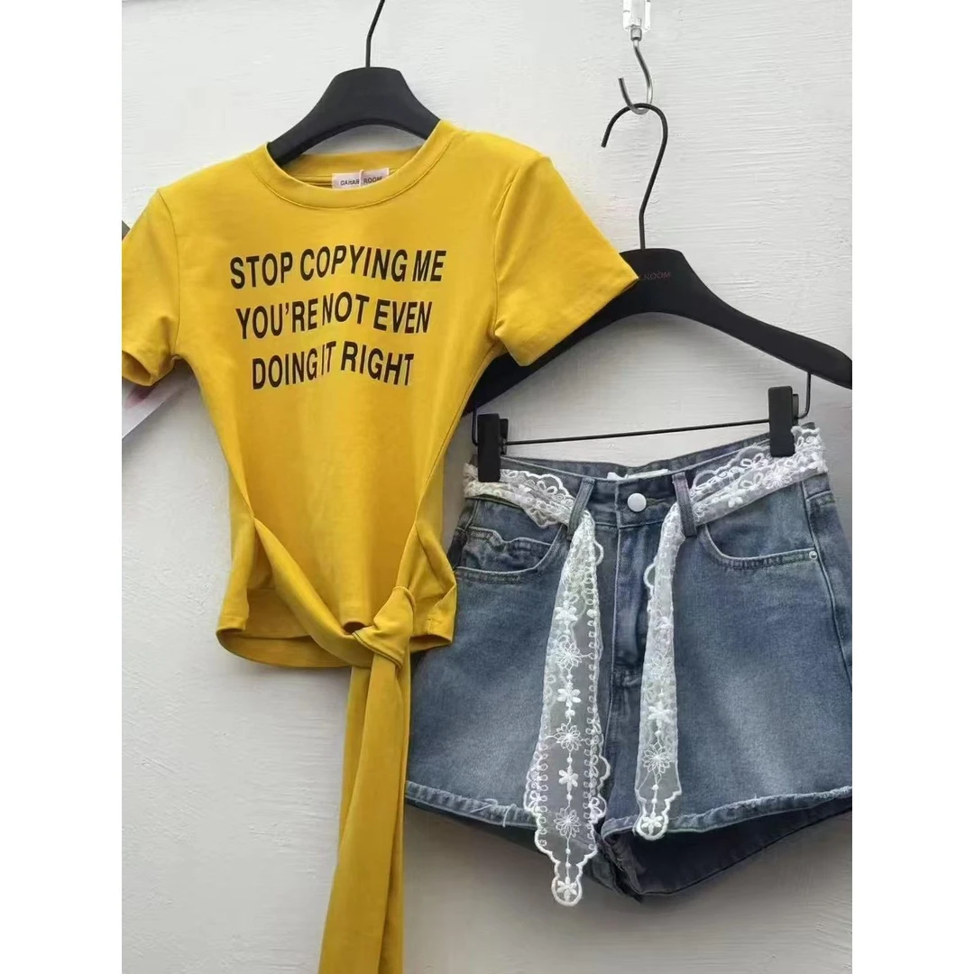 十三行夏季新款辣妹圆领正肩字母印花短袖t恤百搭ins修