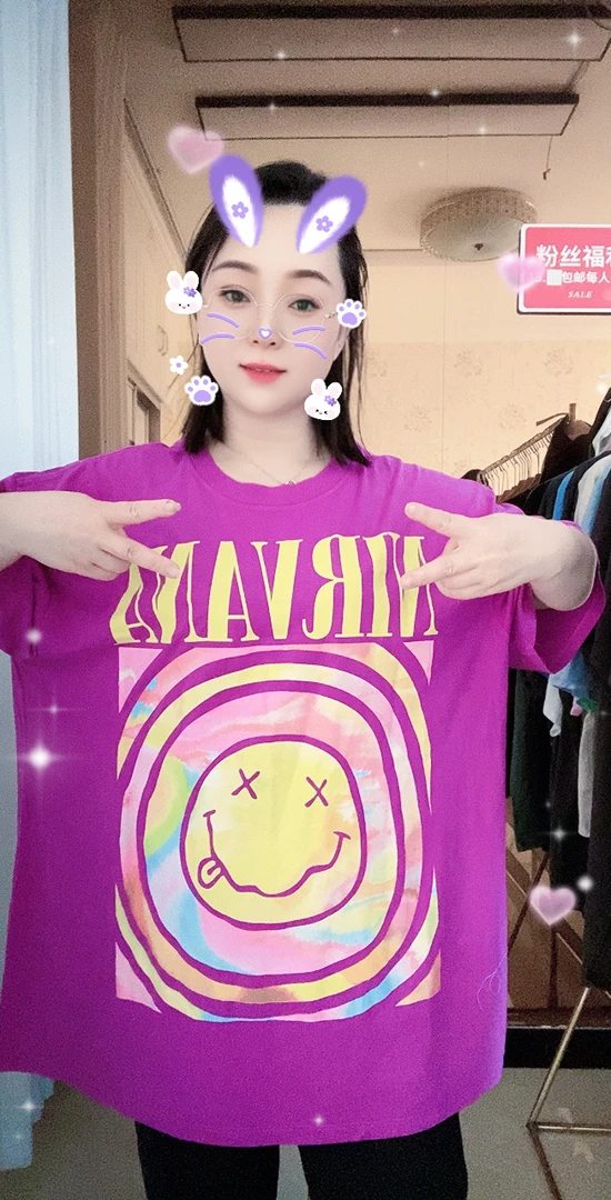 外贸纯棉大码T恤紫色笑脸