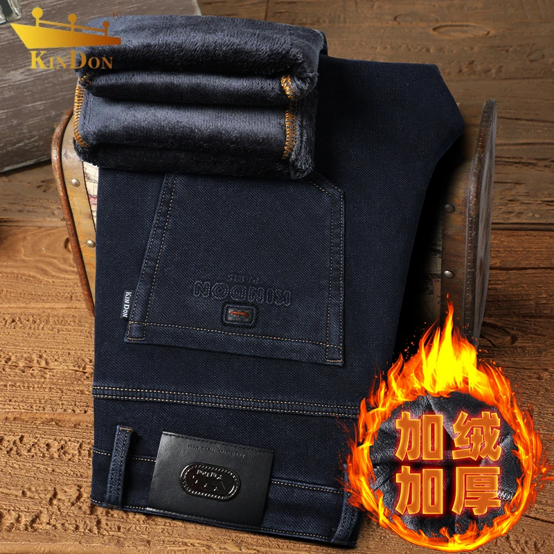 金盾秋冬加绒加厚牛仔裤男款爆款弹力宽松直筒高腰深裆百搭牛仔裤