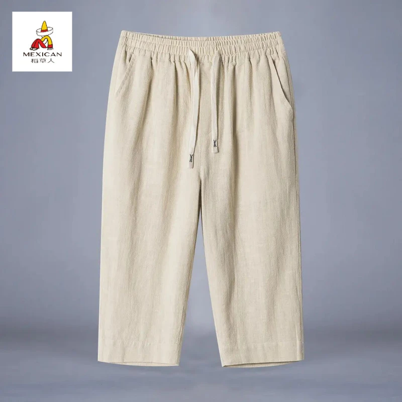 稻草人棉麻7七分裤男士夏季宽松薄款新中式直筒短裤大码纯色亚麻