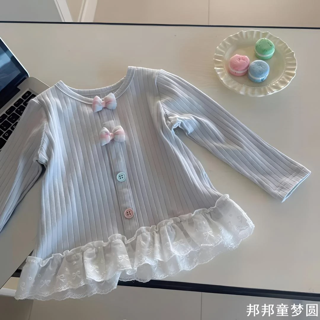 2025春季新款女童甜美蝴蝶结蕾丝花边打底上衣洋气女宝宝纯棉T恤