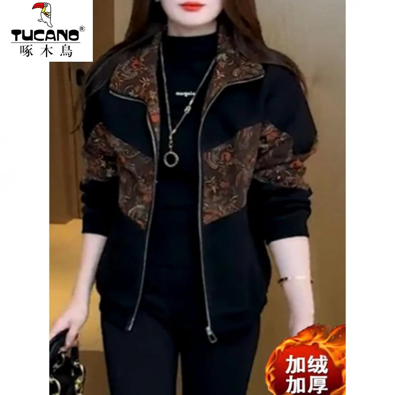 啄木鸟秋冬休闲妈妈装短外套时尚加绒新款大码宽松女士洋气百搭夹