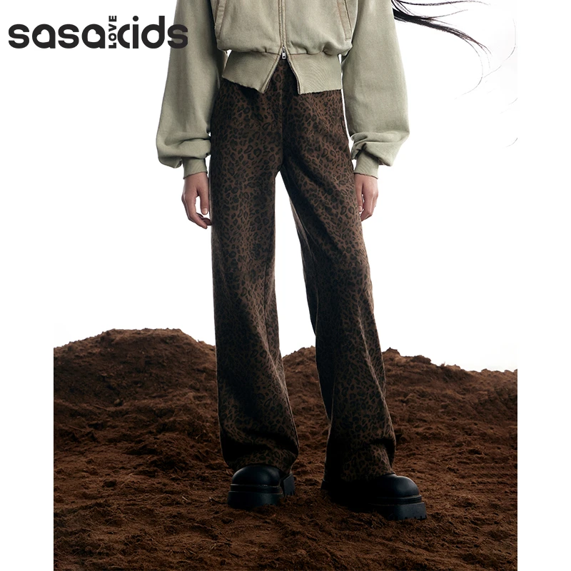 sasakids【探索系列】经典豹纹个性时髦高弹全松紧腰头直筒休闲裤