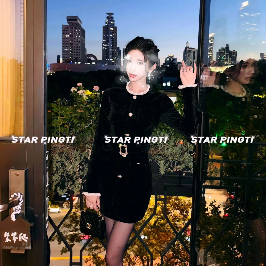 小香风连衣裙女秋时尚名媛短款重工丝绒蕾丝拼接长袖收腰显瘦短裙