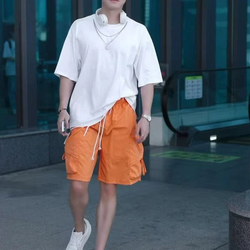 大口袋松紧腰薄款成人青年夏季短裤设计师阔腿简约五分裤纯色