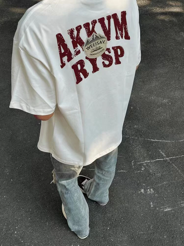 【重磅纯棉】夏季男短袖T恤美式百搭宽松潮流字母印花休闲圆领复古