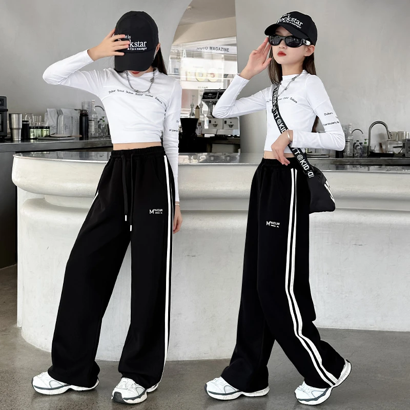 女童春秋款裤子2025春季新款大童直筒儿童洋气休闲运动黑色阔腿裤