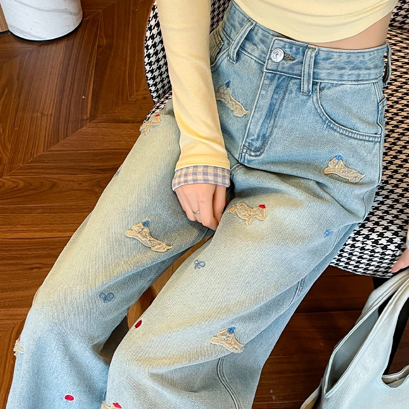 喜绚刺绣直筒牛仔裤女春秋2025年新款宽松爆款设计感窄版阔腿裤子