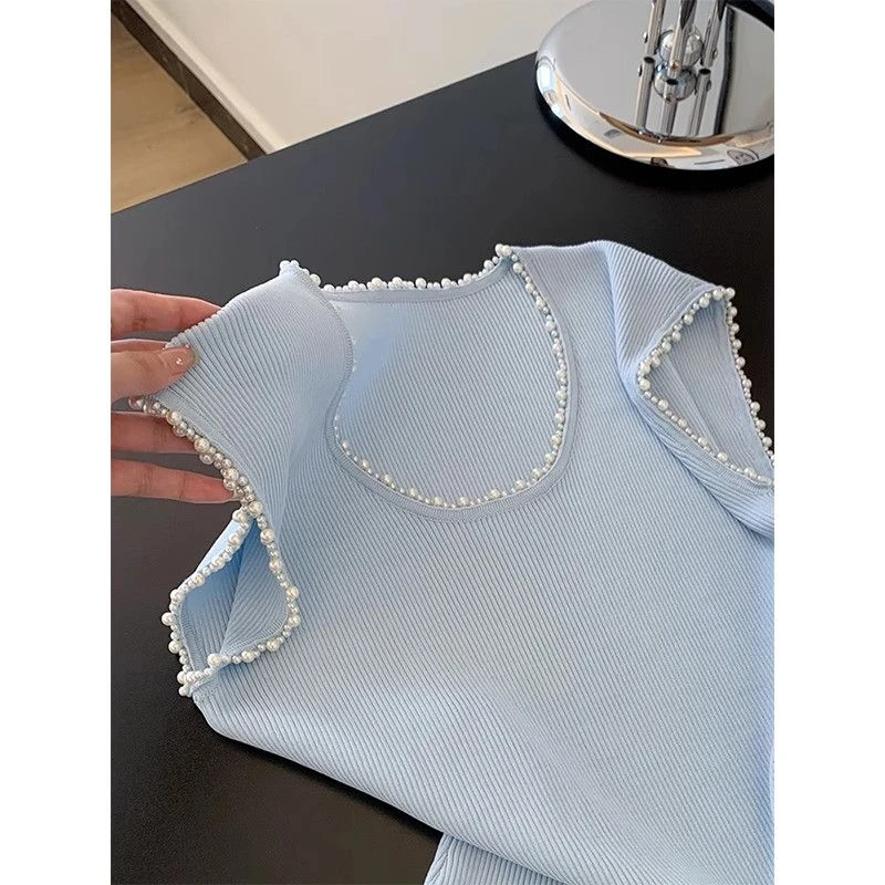 蓝色u领多巴胺钉珠设计感短款飞袖T恤女夏季薄款冰丝正肩针织上衣