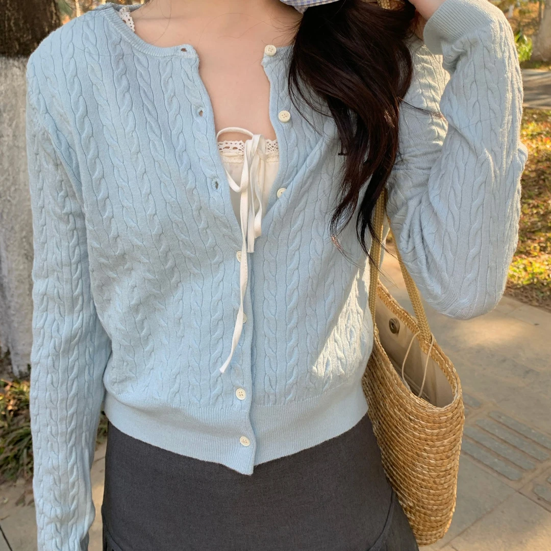 徐子 半眠学姐·麻花针织学院风蓝色刺绣小开衫秋季生命力打底上衣