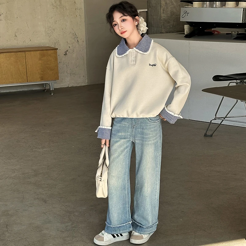 女童甜美卫衣套装2025春秋新款中大儿童6-12岁15岁春装休闲牛仔裤