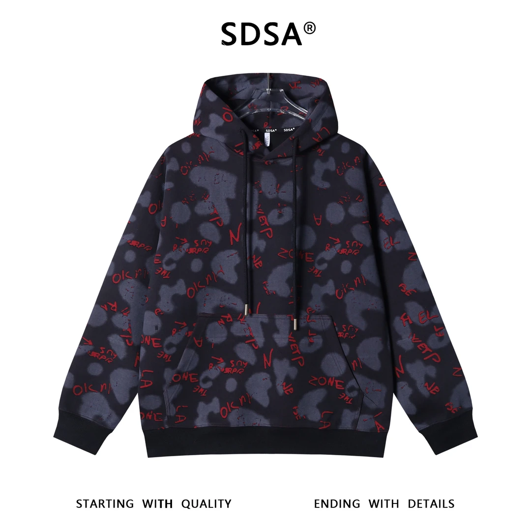 SDSA男士秋冬新款痞帅男装潮牌扎染撞色割破字母抽绳连帽卫衣百搭