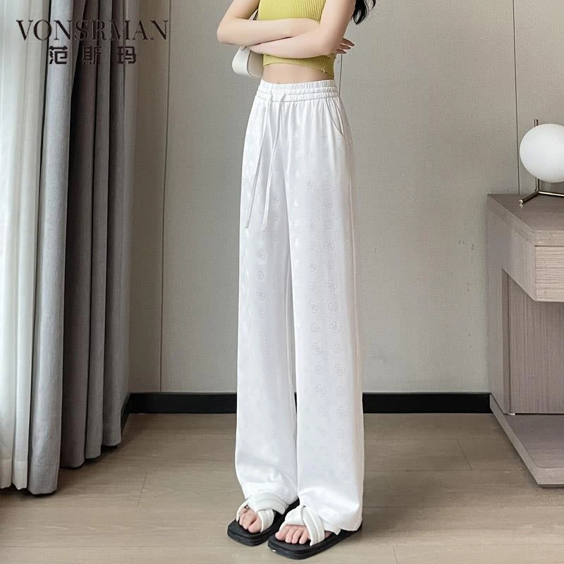 窄版阔腿裤女2025新款高腰垂感醋酸缎夏季薄款白色裤子宽松直筒裤