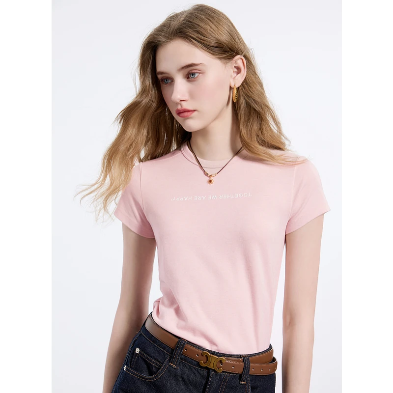 三彩2025春季新款字母印花短袖T恤修身显瘦基础正肩上衣套头衫女M