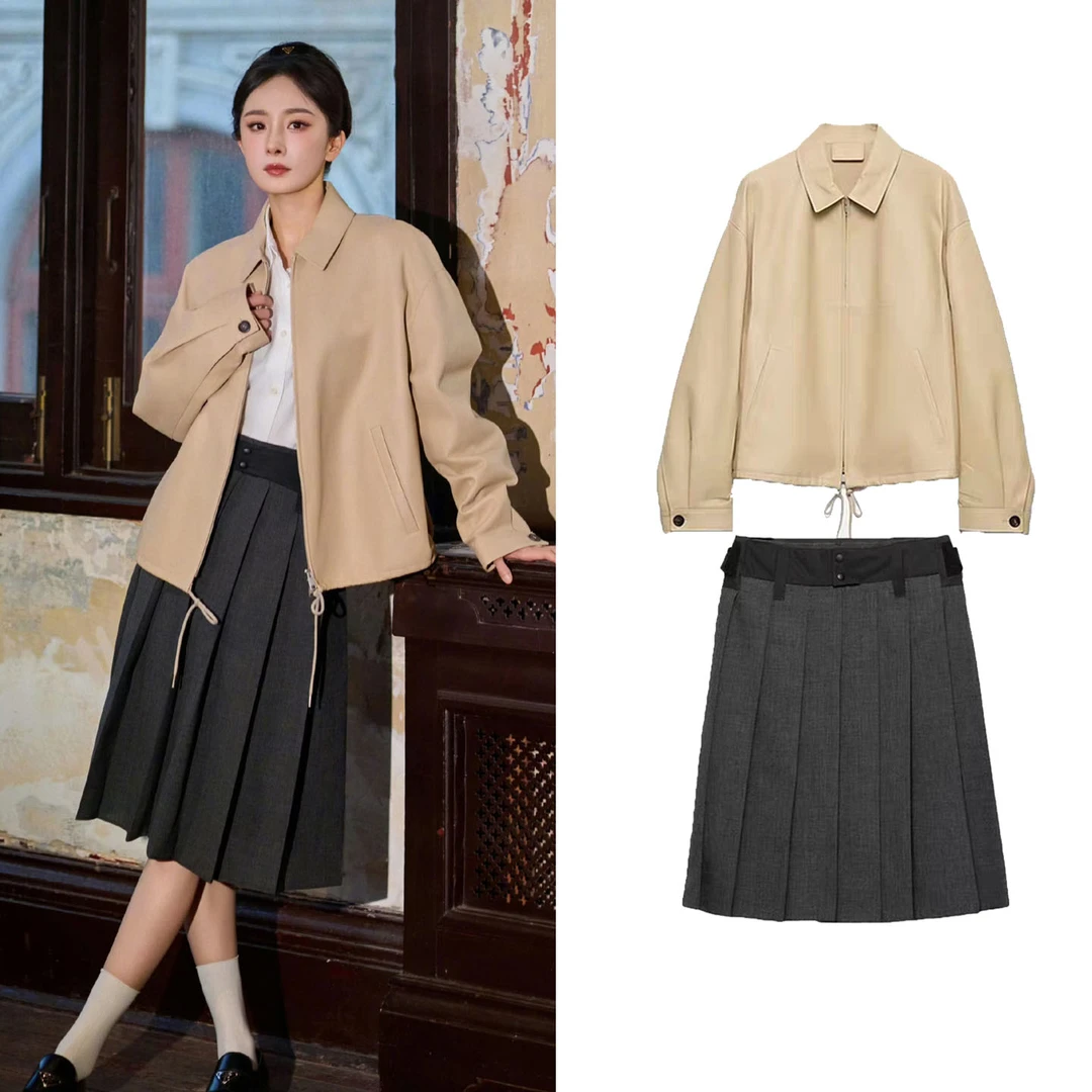 杨幂同款高智感套装复古气质夹克外套灰色百褶半身裙时尚两件套女