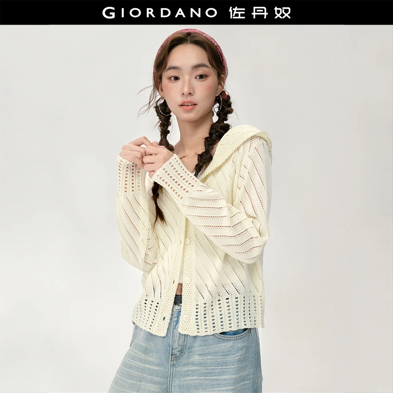 佐丹奴针织衫女装镂空连帽短款毛织长袖开襟针织衫 18355809