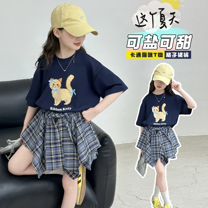 女童夏季韩版卡通猫咪短袖体恤套装大童洋气不规则格子裙裤两件套