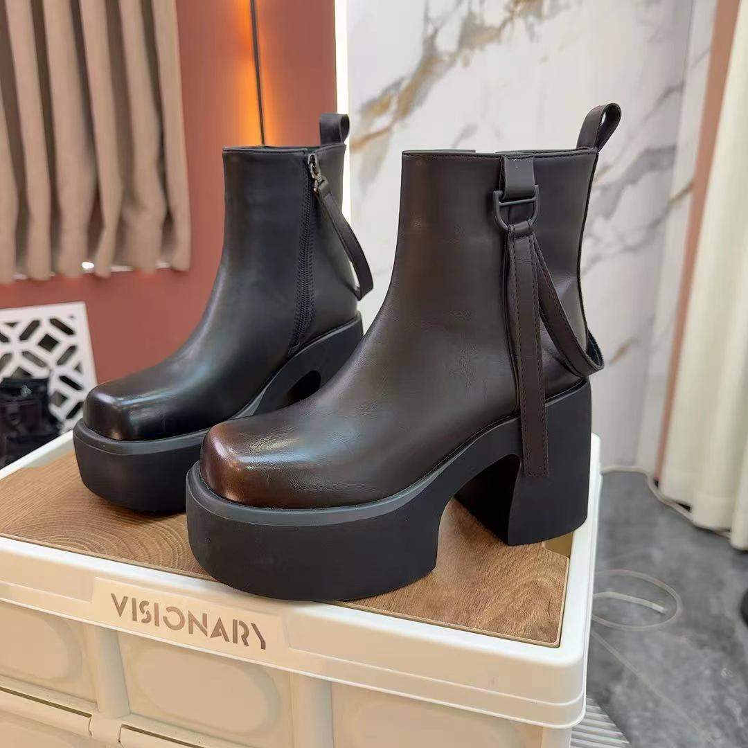 欧货粗跟厚底增高马丁靴女新款时尚时装靴瘦靴小个子高跟鞋039-3