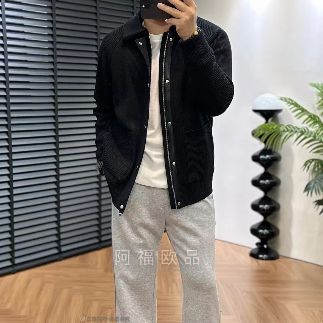 【阿福欧品】男士欧奢净色门襟配皮翻领针织外套