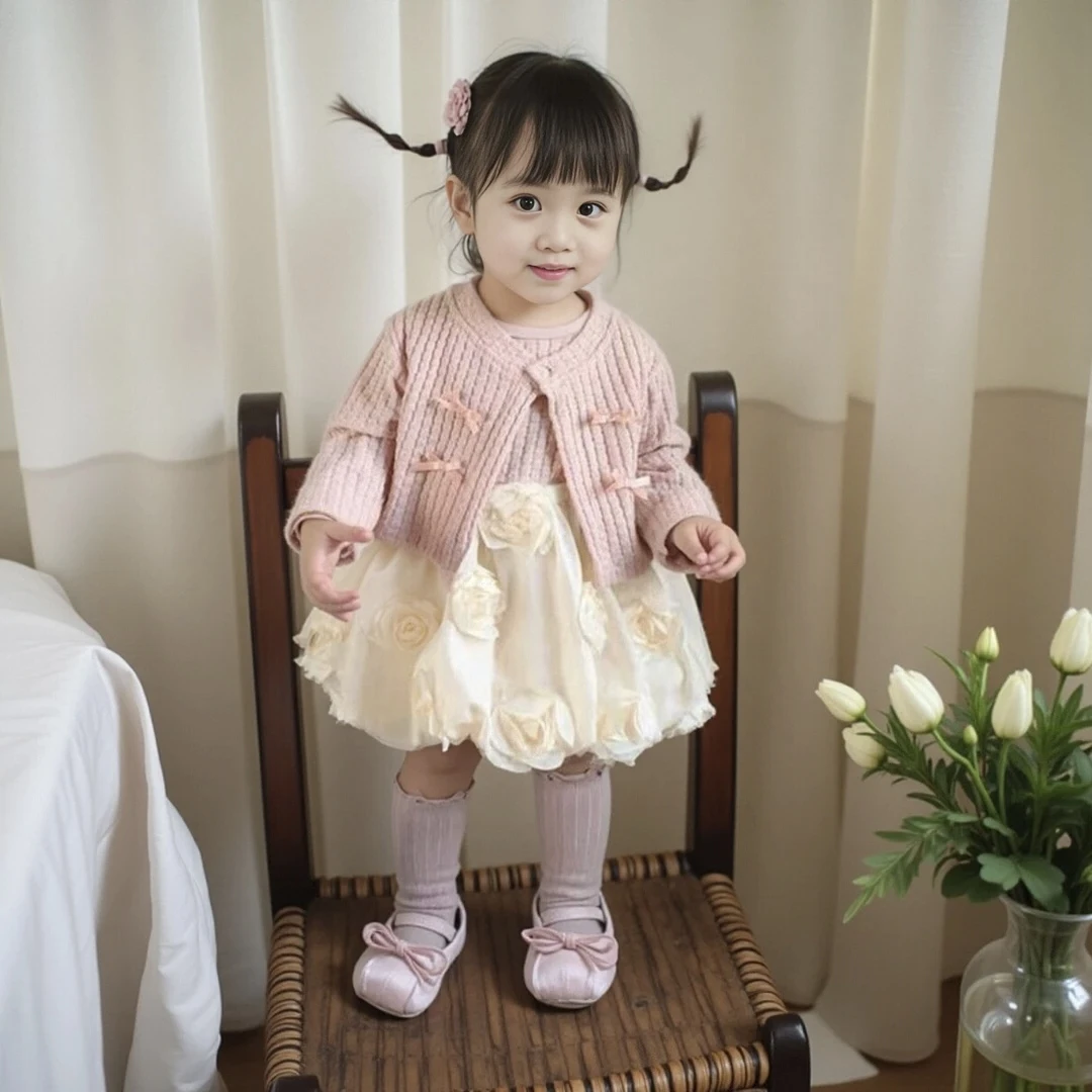 女童春装公主裙2025新款洋气宝宝周岁礼服春秋儿童小香风开衫套装