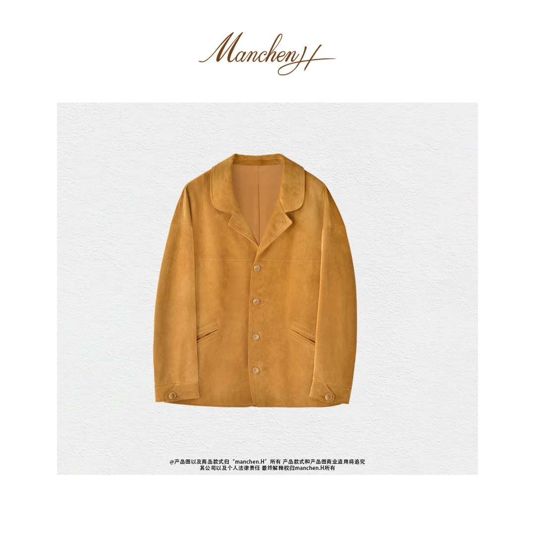 曼辰manchenh"沙漠之城"西班牙进口绒面小牛皮翻领皮衣