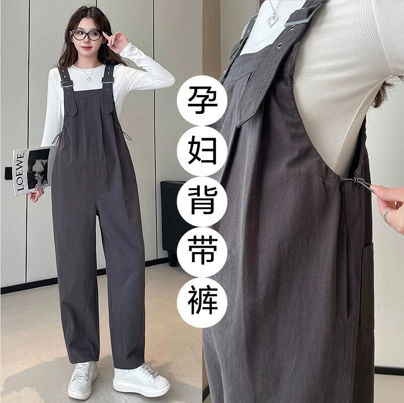 秋冬新款孕妇背带裤大码宽松遮肚外穿时尚吊带直筒阔腿裤T恤套装