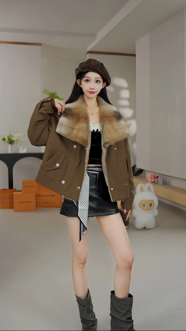 【思思】水貂毛领派克修身外套气短款气质短款时尚休闲251090