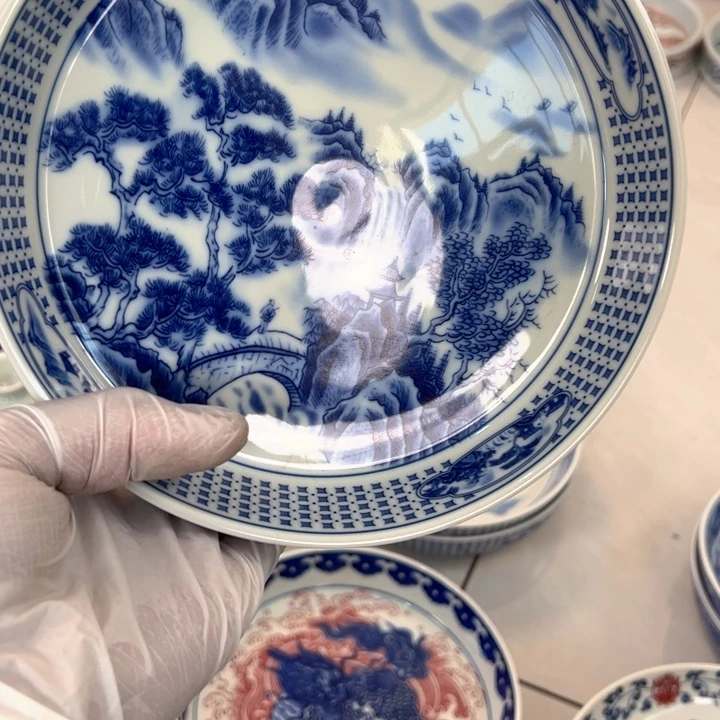 瓷片白青花山水壶承全品