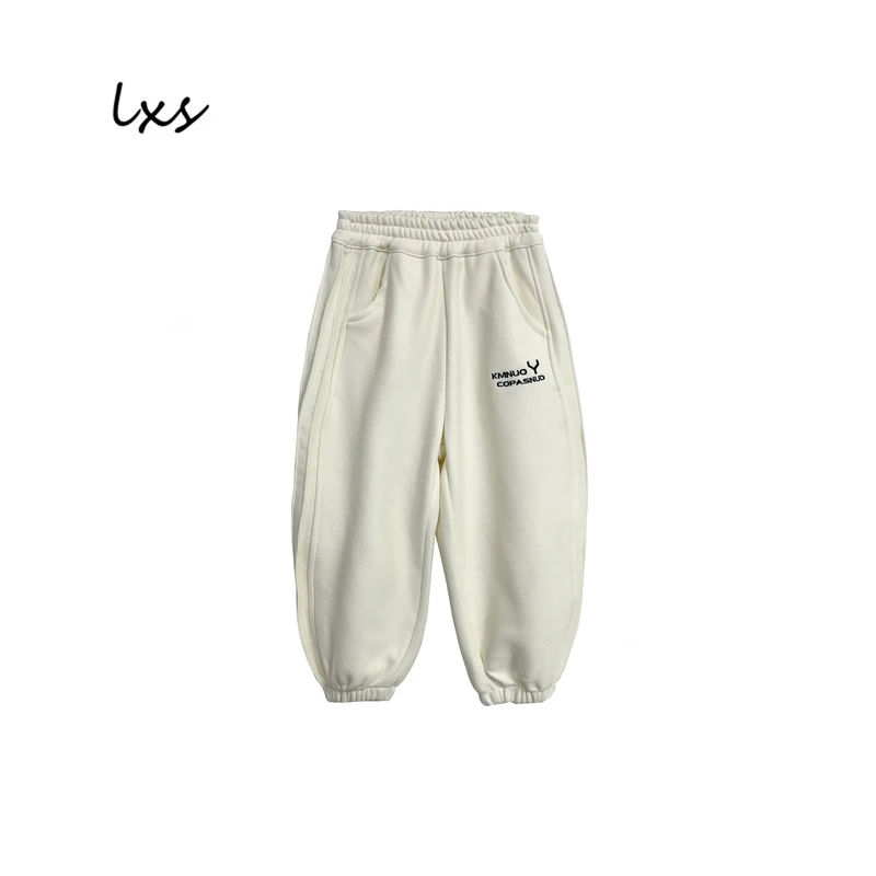 鹿小生米白童装秋冬加绒2024儿童韩版宽松时尚百搭休闲卫裤FK9001