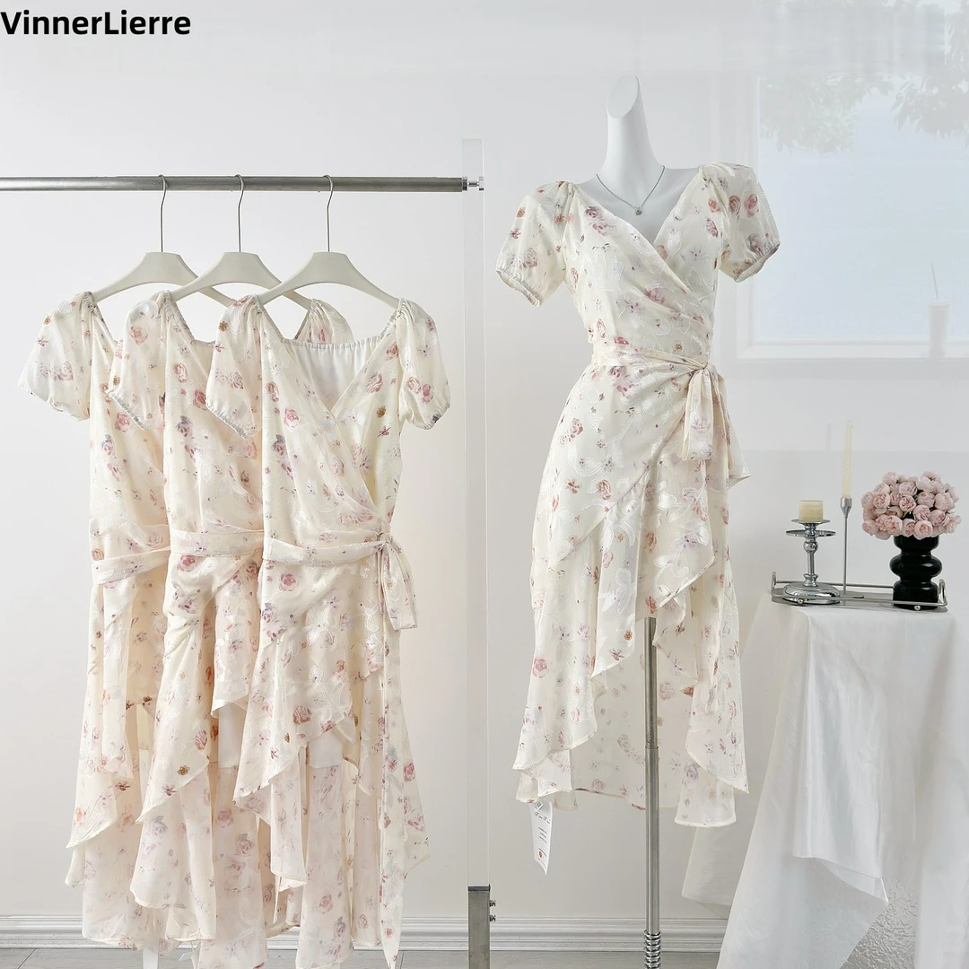 薇妮诺旖旎花境夏天法式浪漫一片式绑带印花连衣裙荷叶边气质长裙