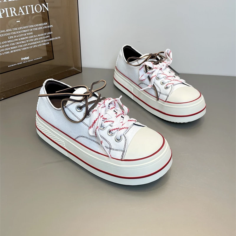 SGIRL TWTW2025秋季新款拼色双鞋带厚底帆布鞋女ins低帮百搭板鞋