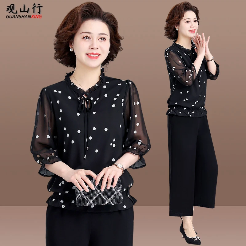 妈妈气质夏装年轻套装两件套雪纺衫洋气高贵2025新款夏季波点衬衫