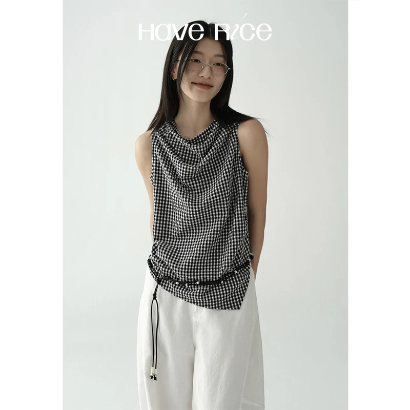 【黑白格纹荡领背心】HAVERICE饭馆 仲夏提花色织格纹荡领背心上衣