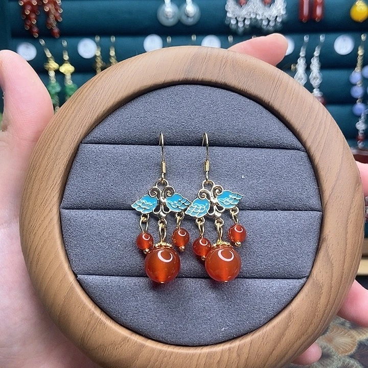 石英质玉耳钉银S925镶嵌