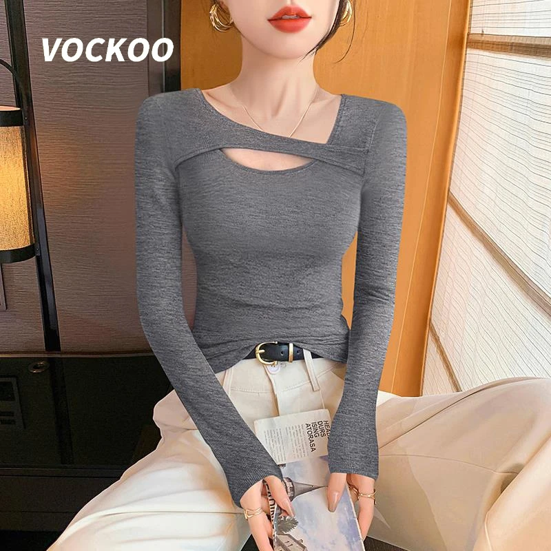 VOCKOOu领打底衫女内搭2025新款春秋冬修身长袖t恤黑色镂空针织外